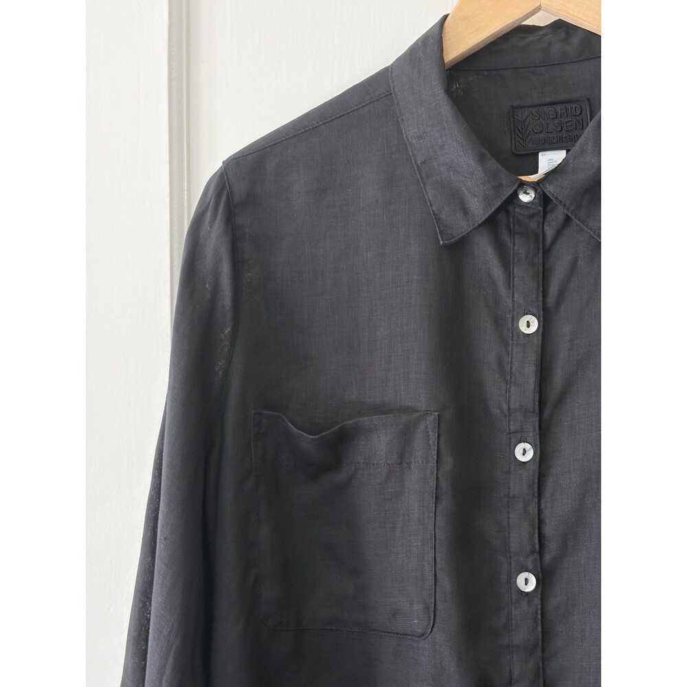 Sigrid Olsen Wmn Large Black 100% Linen Shirt Lagenlook Boho Boxy Button Down - Picture 3 of 8